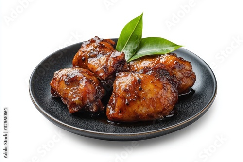 Filipino Chicken Adobo served on a dark gray plate against a white background it s a dish of braised chicken thighs with soy sauce vinegar pepper and bay leaves Filipino cu photo