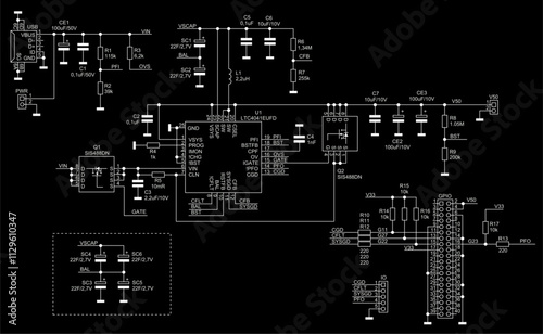 Schematic diagram of digital electronic device 
on paper sheet. Vector drawing electrical circuit with 
integrated circuit, micro controller,
usb connector,
capacitor, resistor, other components.