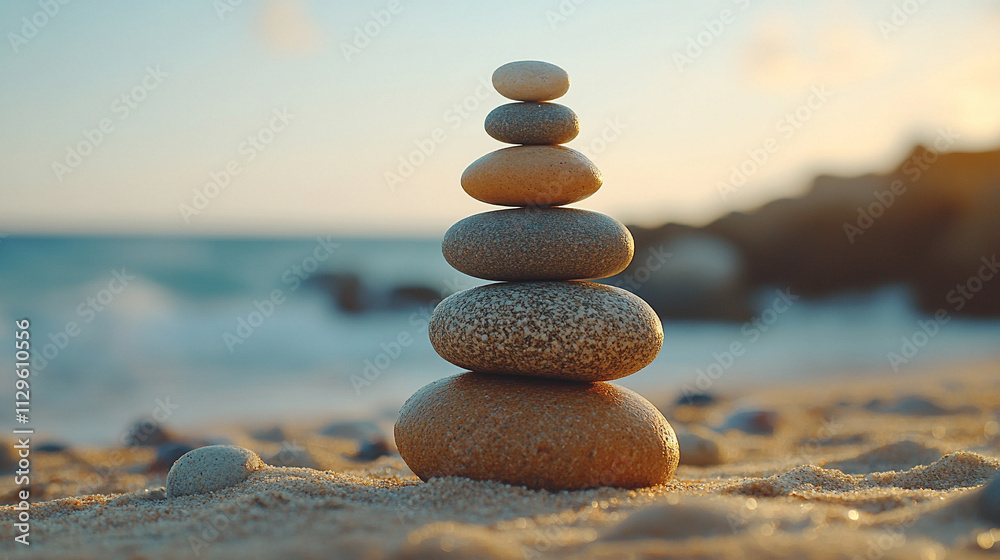 Fototapeta premium serene top view of a zen stone pyramid on a sandy beach, evoking balance, harmony, and tranquility against the backdrop of nature's simplicity