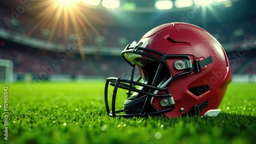 A red football helmet sits on a lush green field with a bright stadium in the background, evoking the excitement of game day. Concept of Super Bowl Sunday.