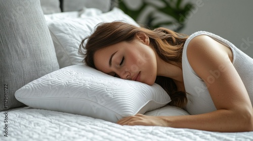 A woman is peacefully resting on a plush pillow, her face relaxed and serene, in a cozy bedroom filled with natural light, creating a calming atmosphere for relaxation