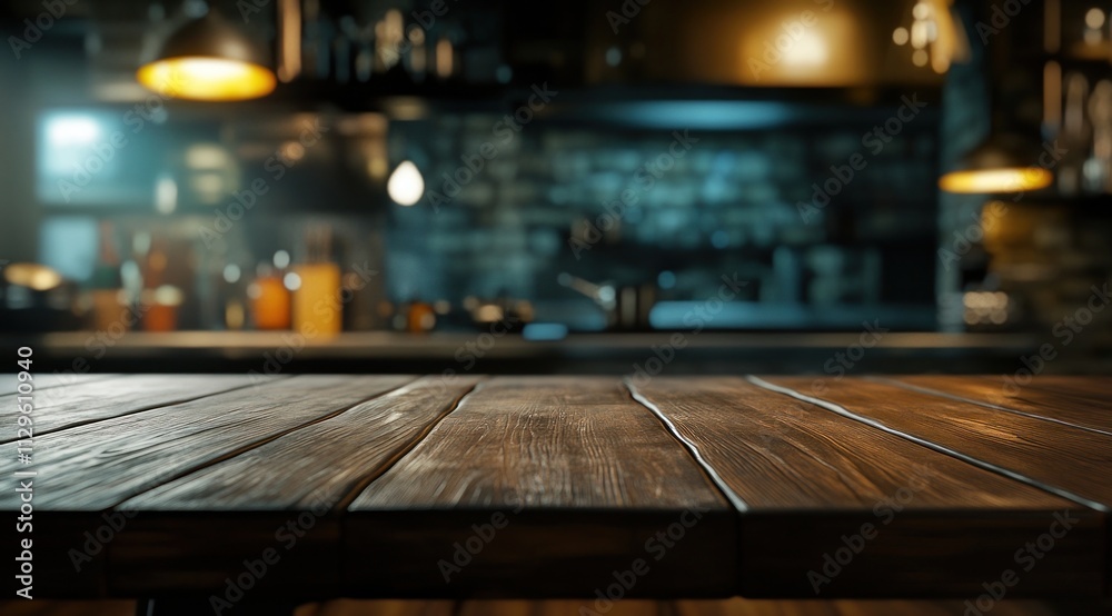 Plateau de table en bois vide avec un arrière-plan flou d'un comptoir de cuisine rustique pour montage d'affichage de produits. Plateau de table en bois vide avec un arrière-plan flou d'un comptoir de cuisine rustique pour montage d'affichage de produits.