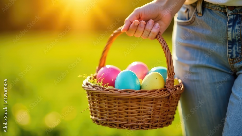 A person's hand holds a wicker basket brimming with pastel-colored Easter eggs against a bright, sunny, outdoor backdrop. Concept of springtime joy and Easter egg hunting. A person's hand holds a wicker basket brimming with pastel-colored Easter eggs against a bright, sunny, outdoor backdrop. Concept of springtime joy and Easter egg hunting.