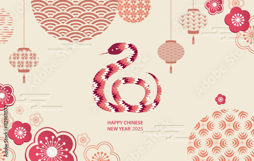 Horizontal banner with elements of Chinese New Year of the Snake. Traditional patterns, stylized snake. Translated from Chinese - Happy New Year. Vector illustration.