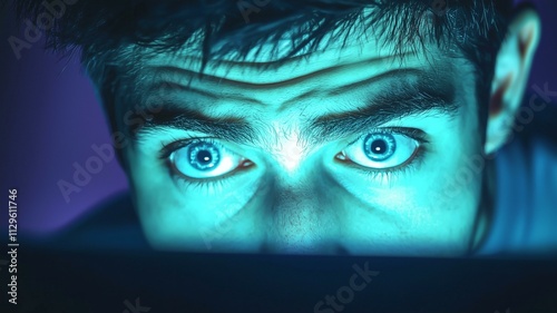 Photorealistic image of a young man gaming intensely on a computer late at night, highlighting digital dependency and screen fatigue
