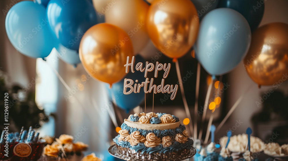 birthday party table with blue and white balloons, a cake topper in the middle that says birthday party table with blue and white balloons, a cake topper in the middle that says