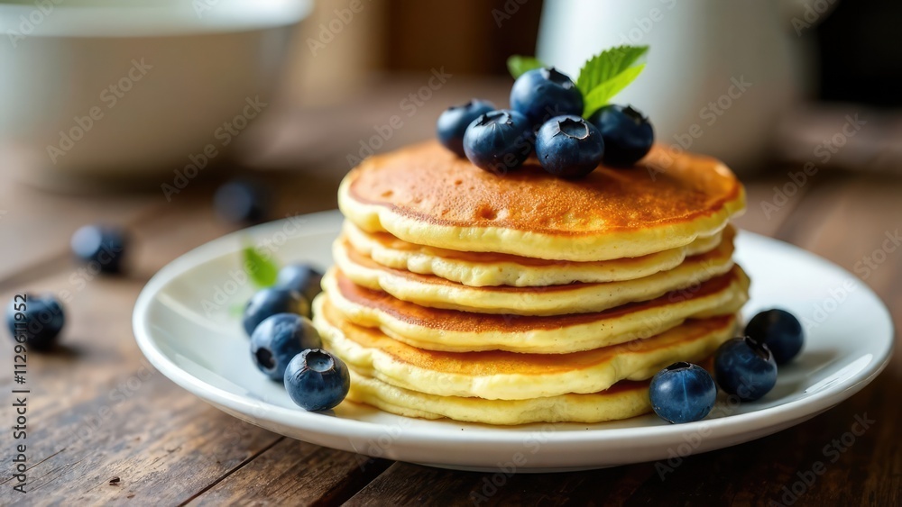 A stack of pancakes topped with blueberries sits on a white plate on a wooden table. Concept of a delicious breakfast.
A stack of pancakes topped with blueberries sits on a white plate on a wooden table. Concept of a delicious breakfast.