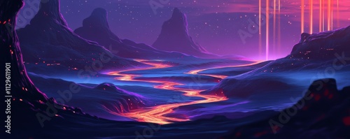 A digitally inspired abstract design depicting a futuristic landscape with glowing streams that represent data flow across a network. photo