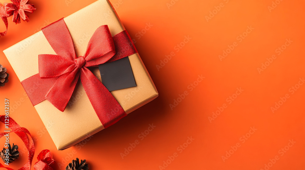 A brown box with a red bow on top of a red background. The box is decorated with red ribbons and pine cones A brown box with a red bow on top of a red background. The box is decorated with red ribbons and pine cones