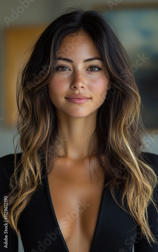 A woman with long brown hair and a black dress is smiling. She has a tanish skin tone and a bright, happy expression