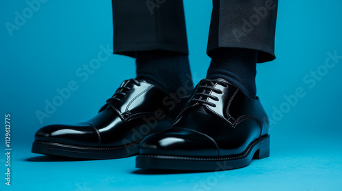 A man is wearing black shoes and socks. The shoes are black and shiny, and the socks are black and shiny as well. The man is standing on a blue surface