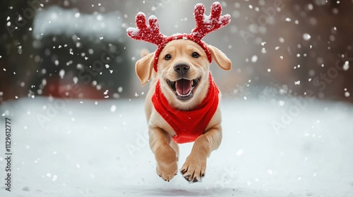 dog in reindeer antlers outside