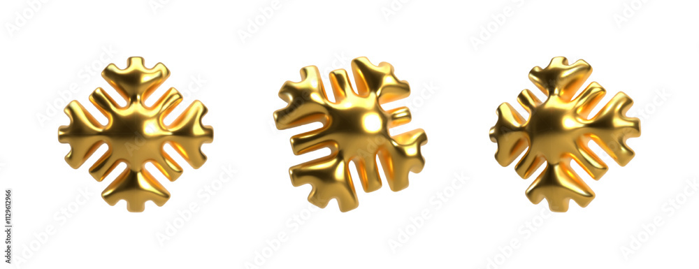 3D gold snowflakes with glossy metallic surface isolated on white background. Christmas and winter holiday decoration. Perfect for festive designs and seasonal projects 3D gold snowflakes with glossy metallic surface isolated on white background. Christmas and winter holiday decoration. Perfect for festive designs and seasonal projects