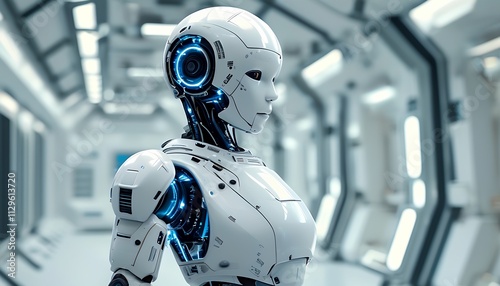 Futuristic humanoid robot with advanced AI design and glowing blue circuits in a sleek high-tech laboratory