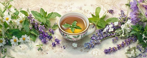 Delicate tea cup surrounded by mint, chamomile, and lavender, herbal selection, organic flavor banner