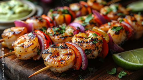 A plate of shrimp skewers with peppers and onions on a wooden board. The dish is garnished with a side of guacamole