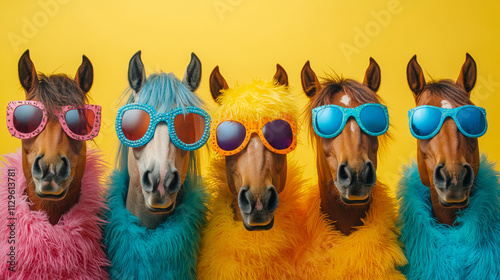 A group of horses wearing sunglasses and colorful clothing. The horses are all smiling and appear to be having a good time. Concept of fun and lightheartedness