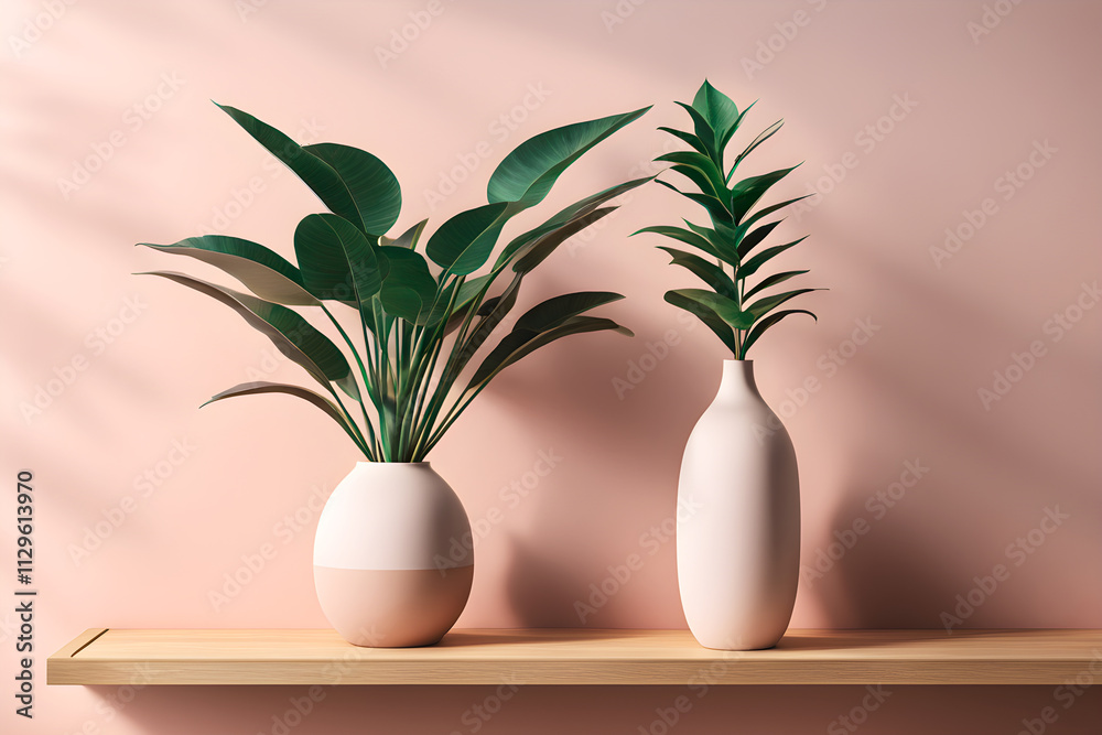 Modern boho ceramic vase with plant on beige background, Generated By Ai Modern boho ceramic vase with plant on beige background, Generated By Ai