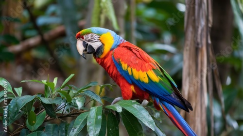 A colorful parrot is perched on a leafy branch. The bird is bright red, blue, and yellow, and it is looking at the camera. The scene is lively and vibrant