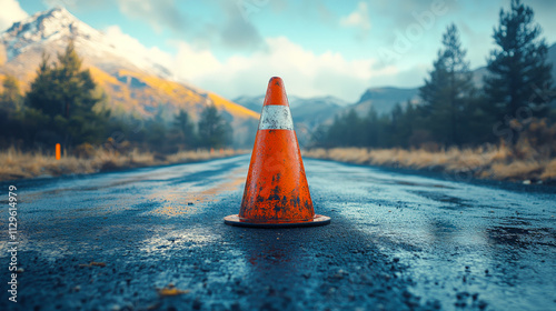 A cone is on the road in front of a mountain. The cone is orange and white