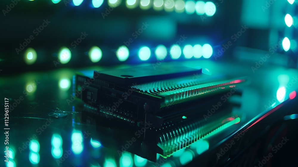 Close-up of a computer processor chip on a glossy surface, with neon blue and green lights Close-up of a computer processor chip on a glossy surface, with neon blue and green lights