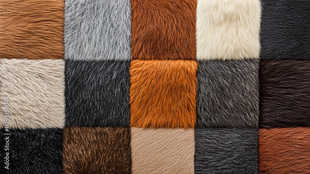 Fototapeta premium Fur fabric samples arranged to highlight their plush textures, natural patterns, and premium quality for crafting and textile design.