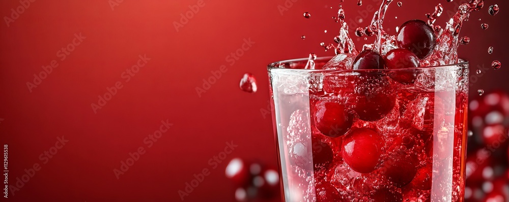 Cranberry juice splash with cranberries in air, bold red banner for a tart, refreshing drink Cranberry juice splash with cranberries in air, bold red banner for a tart, refreshing drink