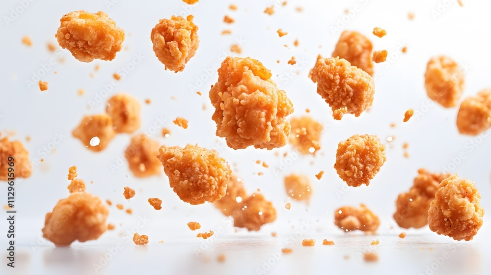 Fried chicken nuggets falling in the air on a white background design,
Fried chicken nuggets falling in the air on a white background design,