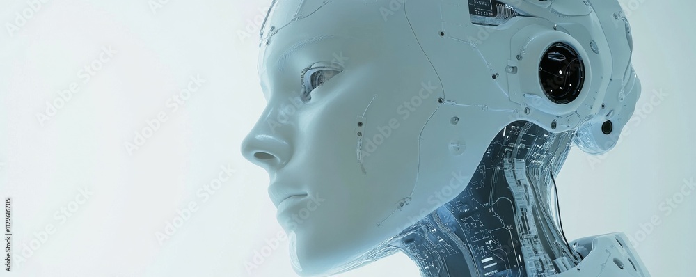 AI Adoption in Business Concept. futuristic robot head with digital circuits, symbolizing AI innovation