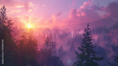 A colorful sunset sky above a misty forest, with soft sun rays breaking through trees