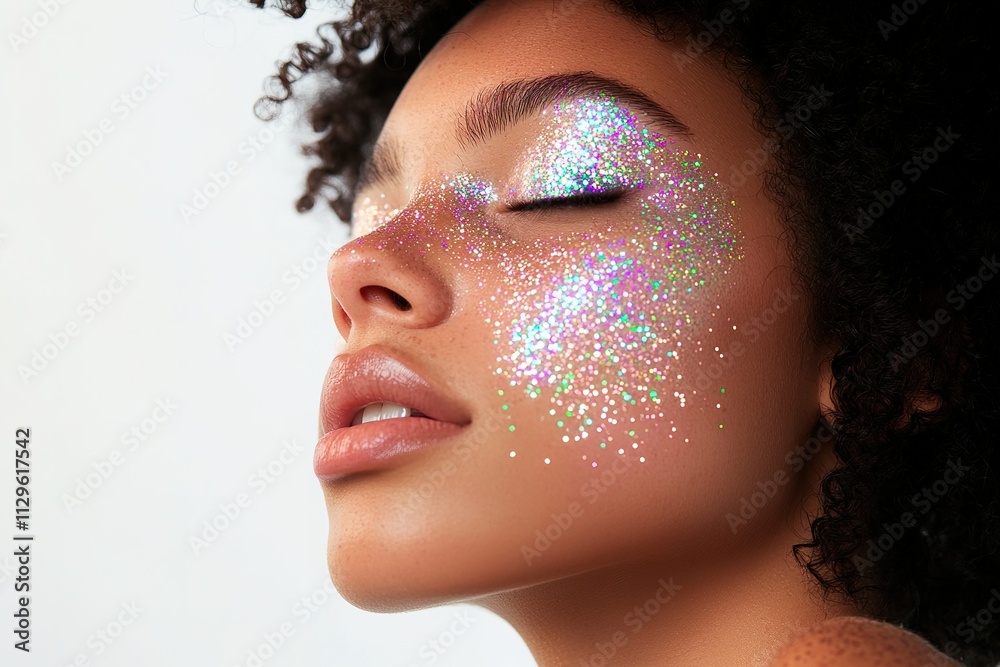 Side view of woman with glitter freckles and vibrant makeup Side view of woman with glitter freckles and vibrant makeup