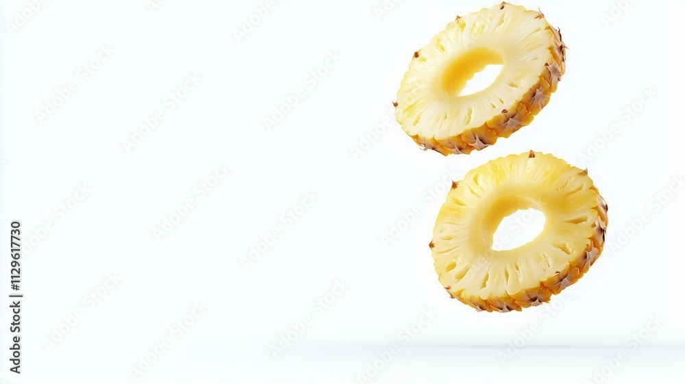 Ultra-realistic close-up of fresh pineapple rings with golden yellow color floating on white isolated background
