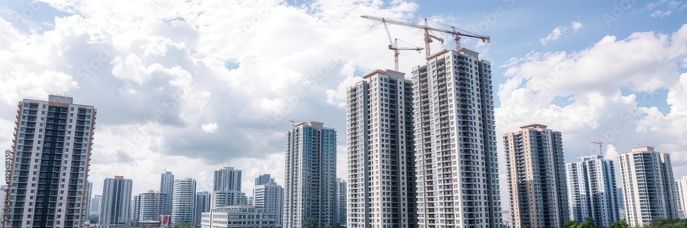 Aerial view of a modern apartment building project under construction in a bustling urban area, sky, urban, development Aerial view of a modern apartment building project under construction in a bustling urban area, sky, urban, development