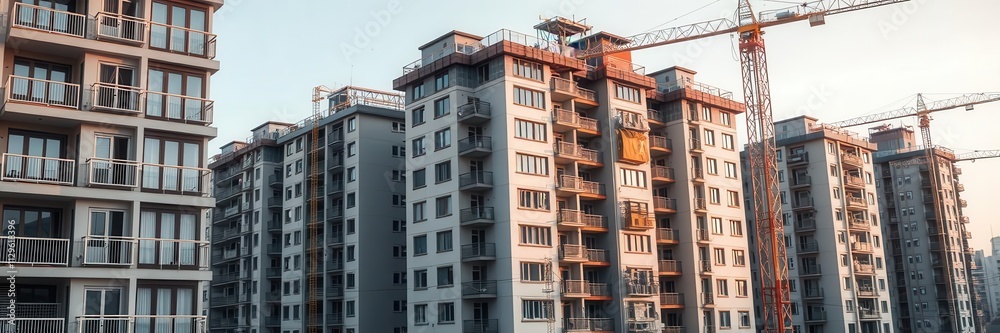 Obraz premium Aerial view of modern apartment buildings in a construction project, Real estate, progress, windows