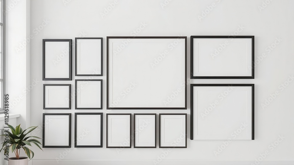 A mockup photo frame gallery wall display with various frame sizes and styles, hanging on a neutral colored wall, gallery wall, photo frame A mockup photo frame gallery wall display with various frame sizes and styles, hanging on a neutral colored wall, gallery wall, photo frame
