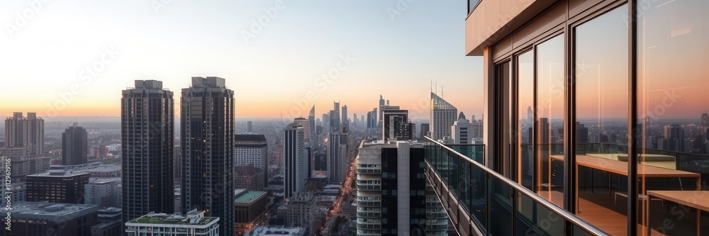 A modern apartment unit on a high-rise condo building is brightly highlighted against the city skyline, urban, apartment, design A modern apartment unit on a high-rise condo building is brightly highlighted against the city skyline, urban, apartment, design