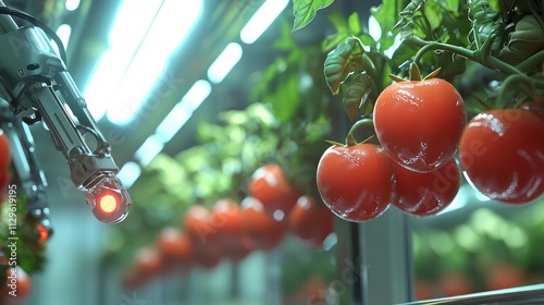 Advanced indoor tomato farm using hydroponics for optimal growth. AI-controlled LED lights provide perfect conditions as robotic arms pick ripe tomatoes. 