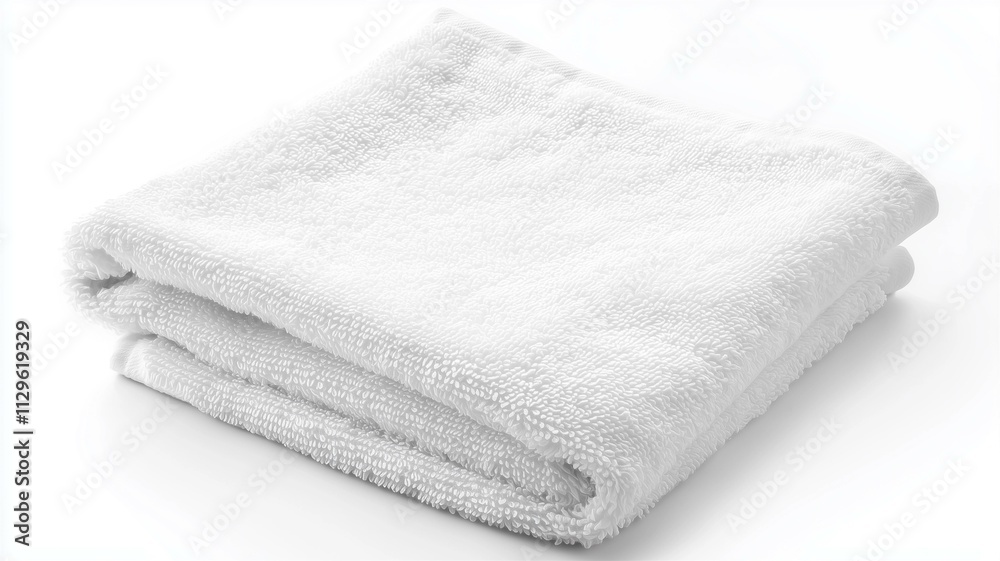 Photorealistic image of a white, soft cotton hand towel with folded edges, isolated on a white background
Photorealistic image of a white, soft cotton hand towel with folded edges, isolated on a white background