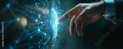 Closeup of businessman s hand activating digital human icons, concept of virtual team building photo