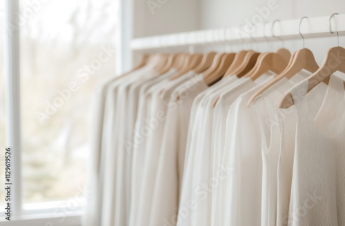 A wide shot of a modern bridal boutique filled with racks of dresses and natural, soft tones photo