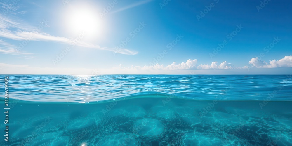 Beautiful blue sea with a mix of sunny and cloudy sky, showcasing the serene underwater world below, blue sea, scenery, tranquil Beautiful blue sea with a mix of sunny and cloudy sky, showcasing the serene underwater world below, blue sea, scenery, tranquil