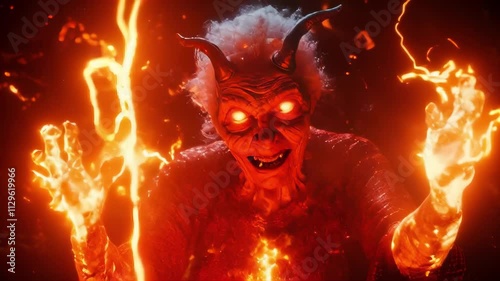 A demonic figure with horns and glowing eyes emanates fiery energy, perfect for horror, fantasy, or Halloween projects.. AI Generation