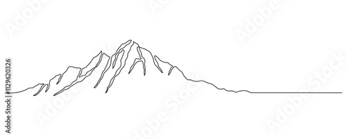 Mountain - continuous line drawing. One line mountain range landscape background. Rocky peaks in simple linear style. Black and white minimalist mountain illustration photo