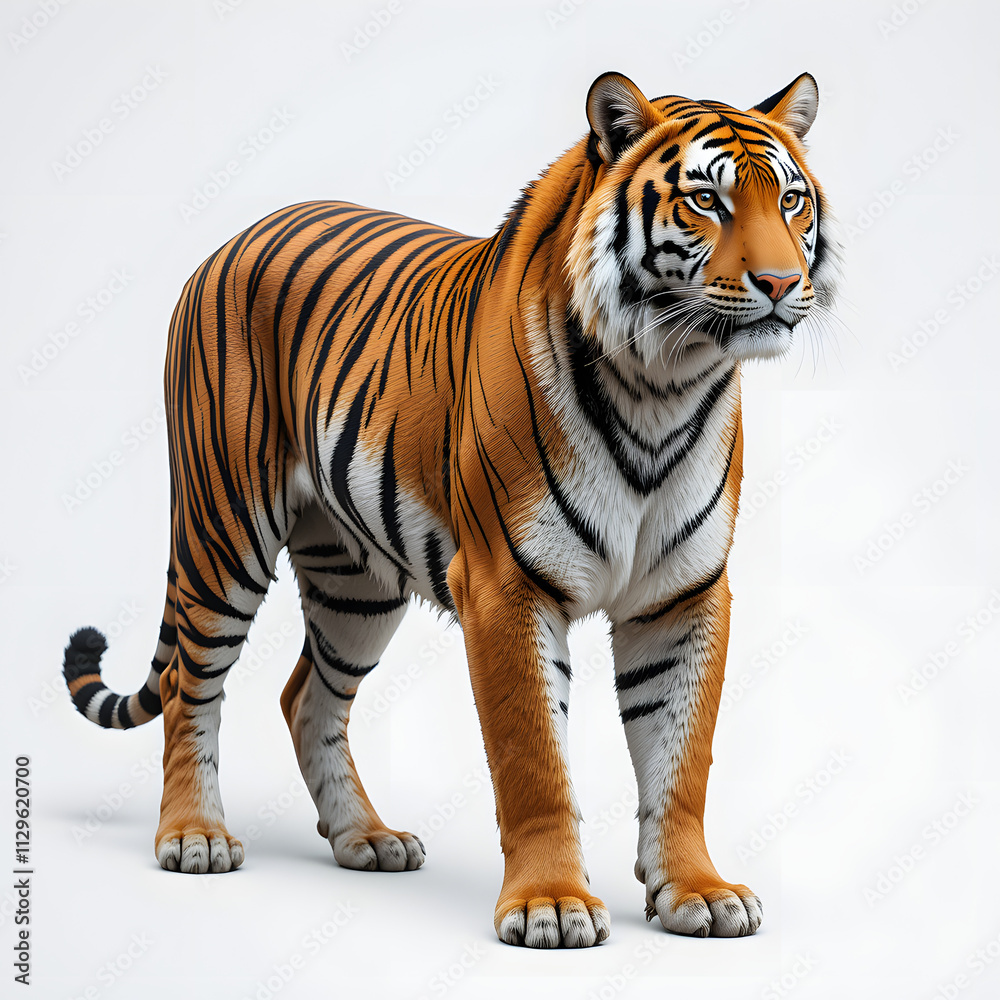 Obraz premium Tiger isolated on a white background, Side view, tiger standing full HD image generated by Ai. full body, realistic, full detail looking at the camera,