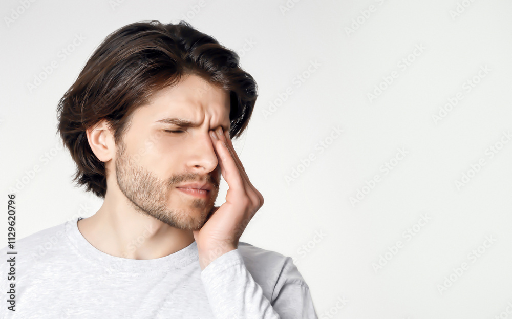 Feeling unwell. Guy feels pain in his closed eyes and presses hand isolated on gray background, studio shot Feeling unwell. Guy feels pain in his closed eyes and presses hand isolated on gray background, studio shot