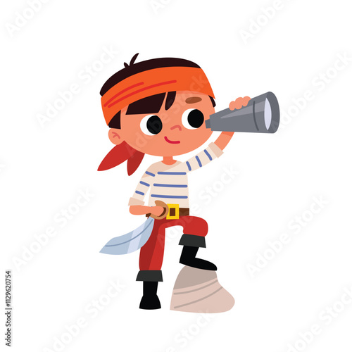 Boy dressed as pirate, holding telescope, spyglass and saber, cutlass, wearing headband, bandana, stands up straight.