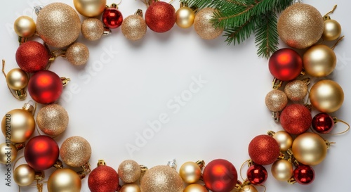 Bright Christmas frame of spruce, red & gold Christmas decorations on white background. Copy space. Winter holidays, New Year. 