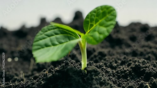 Young green plant sprout emerging from dark, fertile soil, symbolizing growth and new beginnings in nature. environmental sustainability and agriculture concept