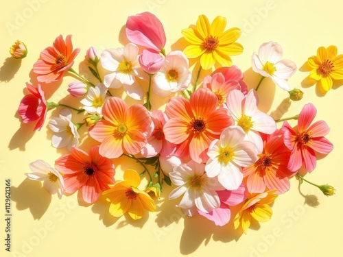 Colorful spring flowers arranged on a light paper background with soft shadows, vibrant, arrangement