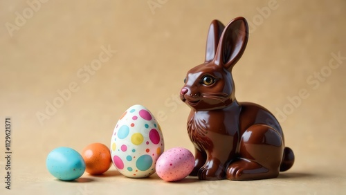 A glossy chocolate Easter bunny sits beside several colorful, polka-dotted Easter eggs on a neutral beige background. Concept of Easter treats and sweets. photo